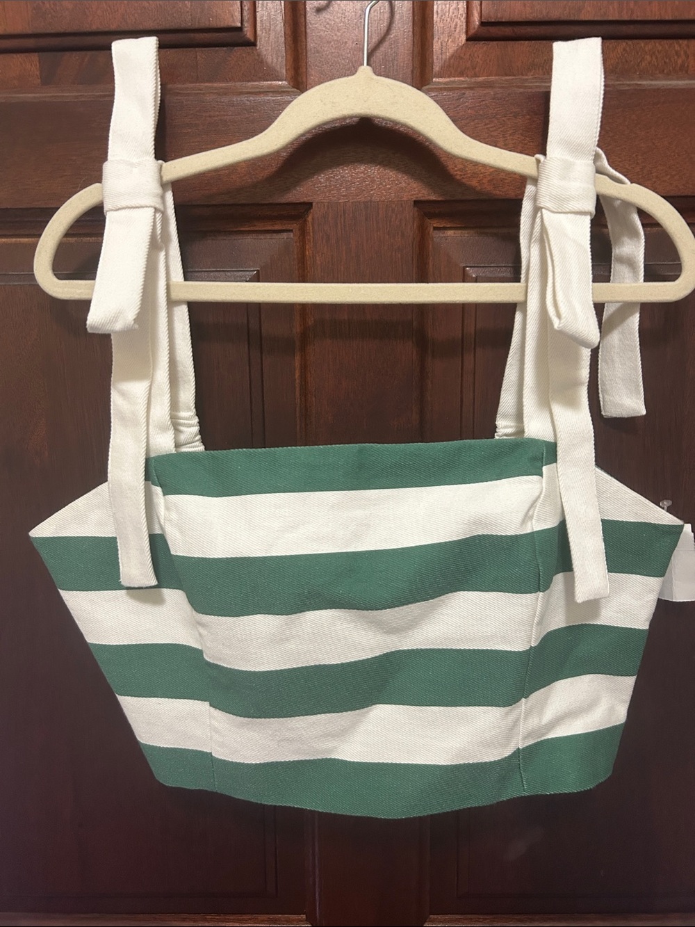 English Factory Green and White Striped Tie-Handle Canvas Tote